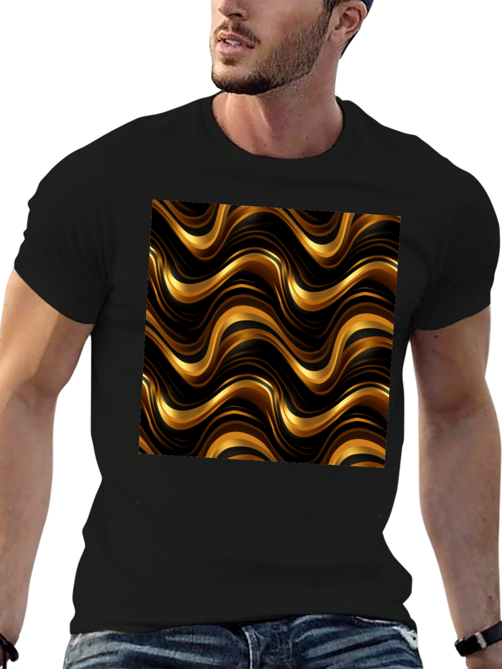 Gold Wave Pattern Black T-Shirt