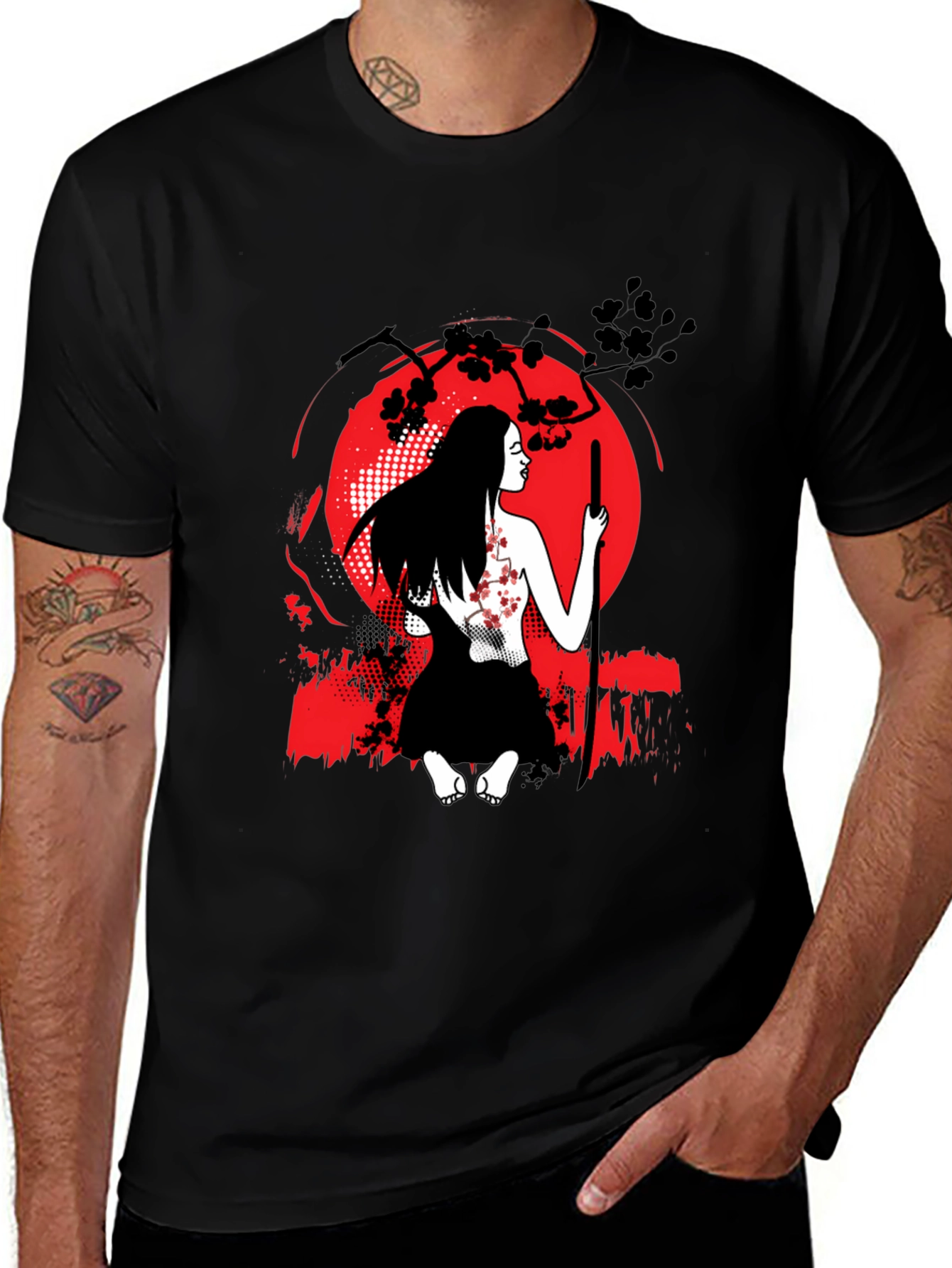 Samurai Woman T-Shirt - Red Moon Graphic Tee