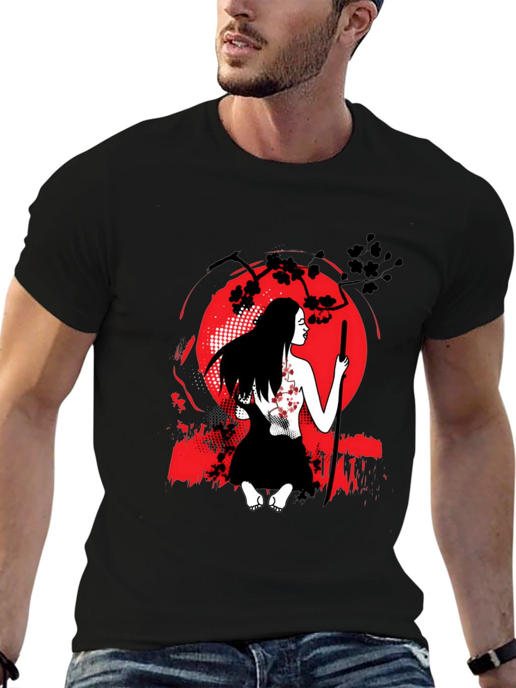 Samurai Woman T-Shirt - Red Moon Graphic Tee