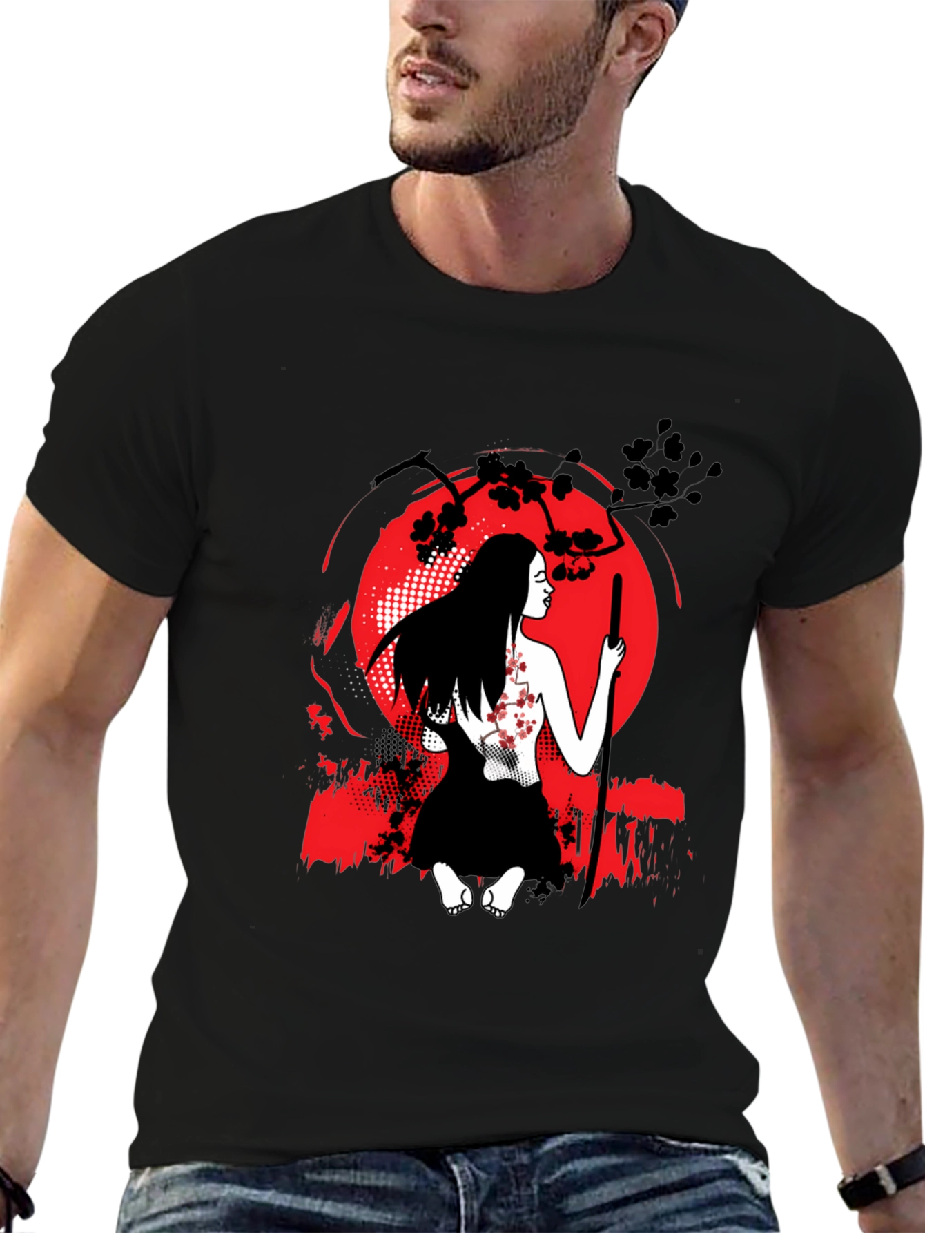 Samurai Woman T-Shirt - Red Moon Graphic Tee