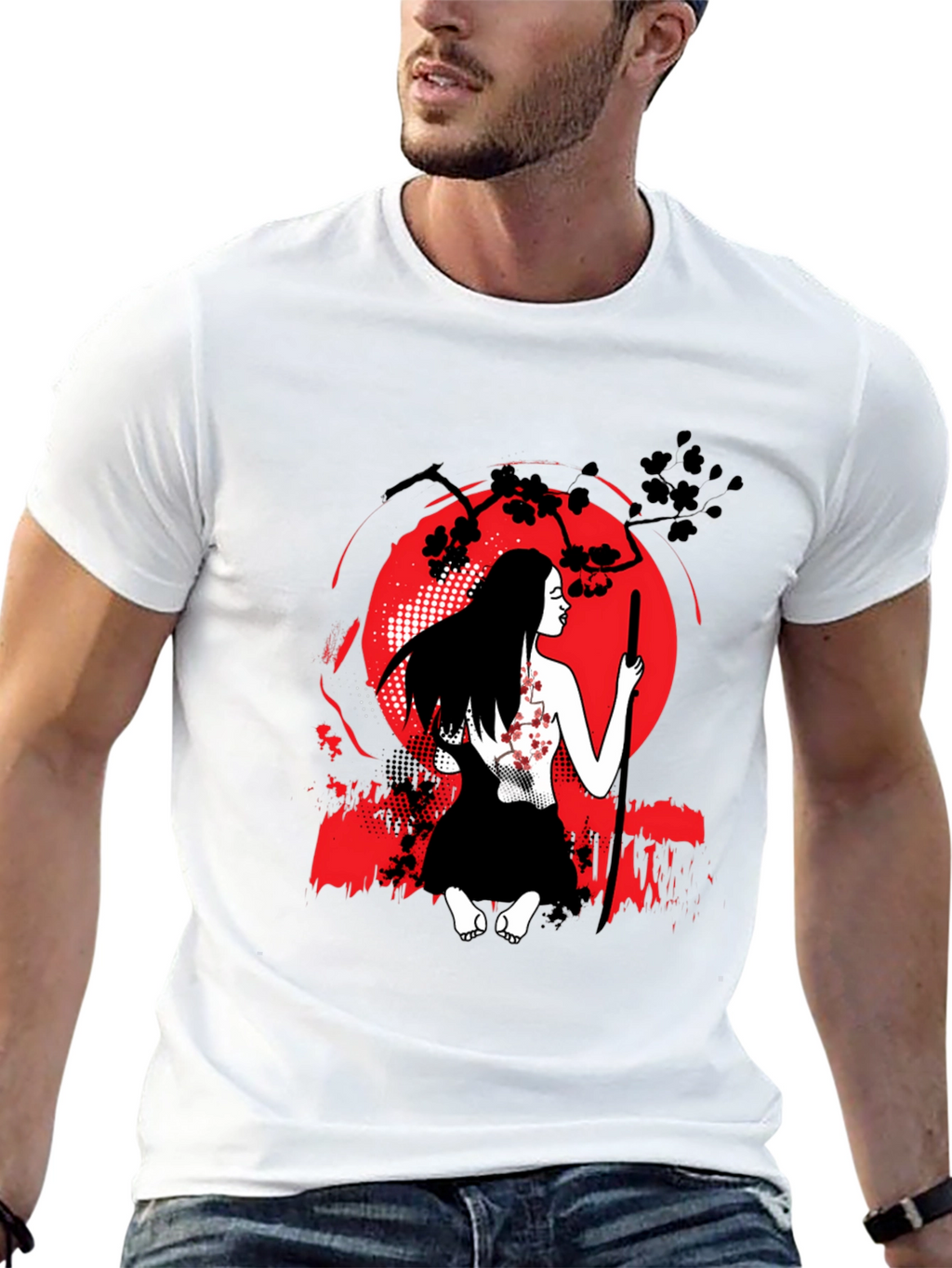 Samurai Woman T-Shirt - Red Moon Graphic Tee