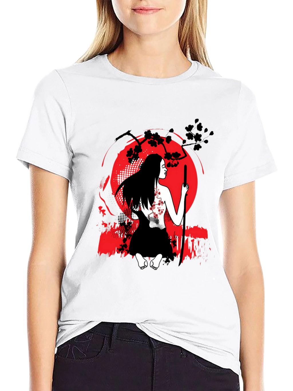 Samurai Woman T-Shirt - Red Moon Graphic Tee