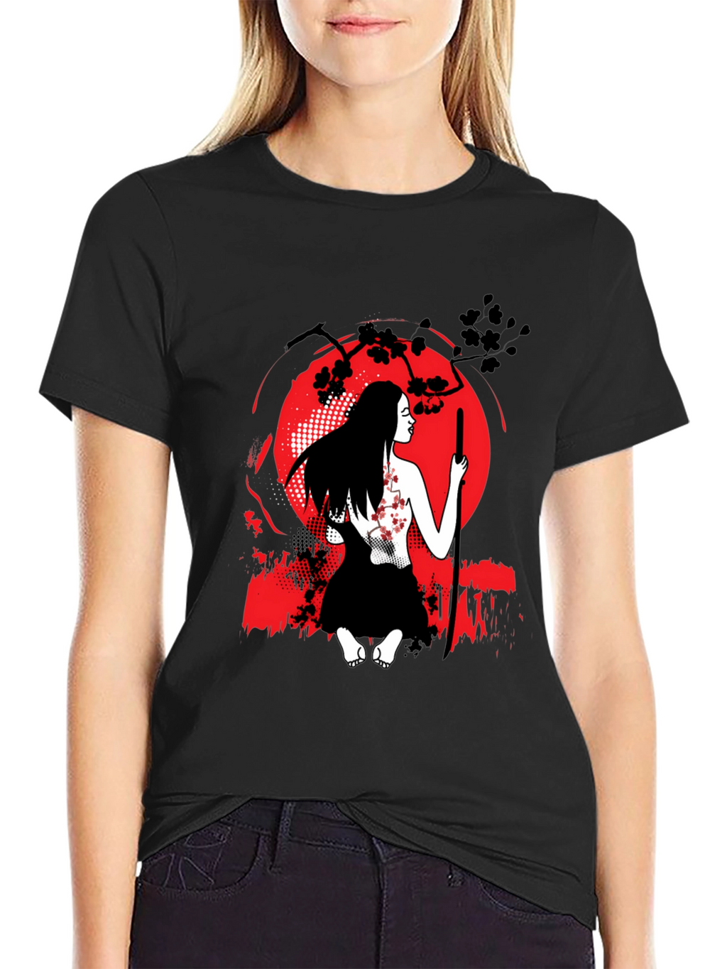 Samurai Woman T-Shirt - Red Moon Graphic Tee