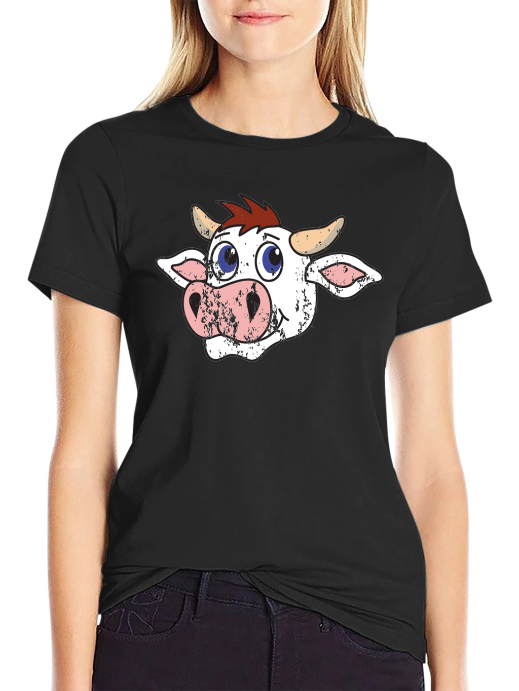 Cartoon Cow Graphic Tee - Black T-Shirt