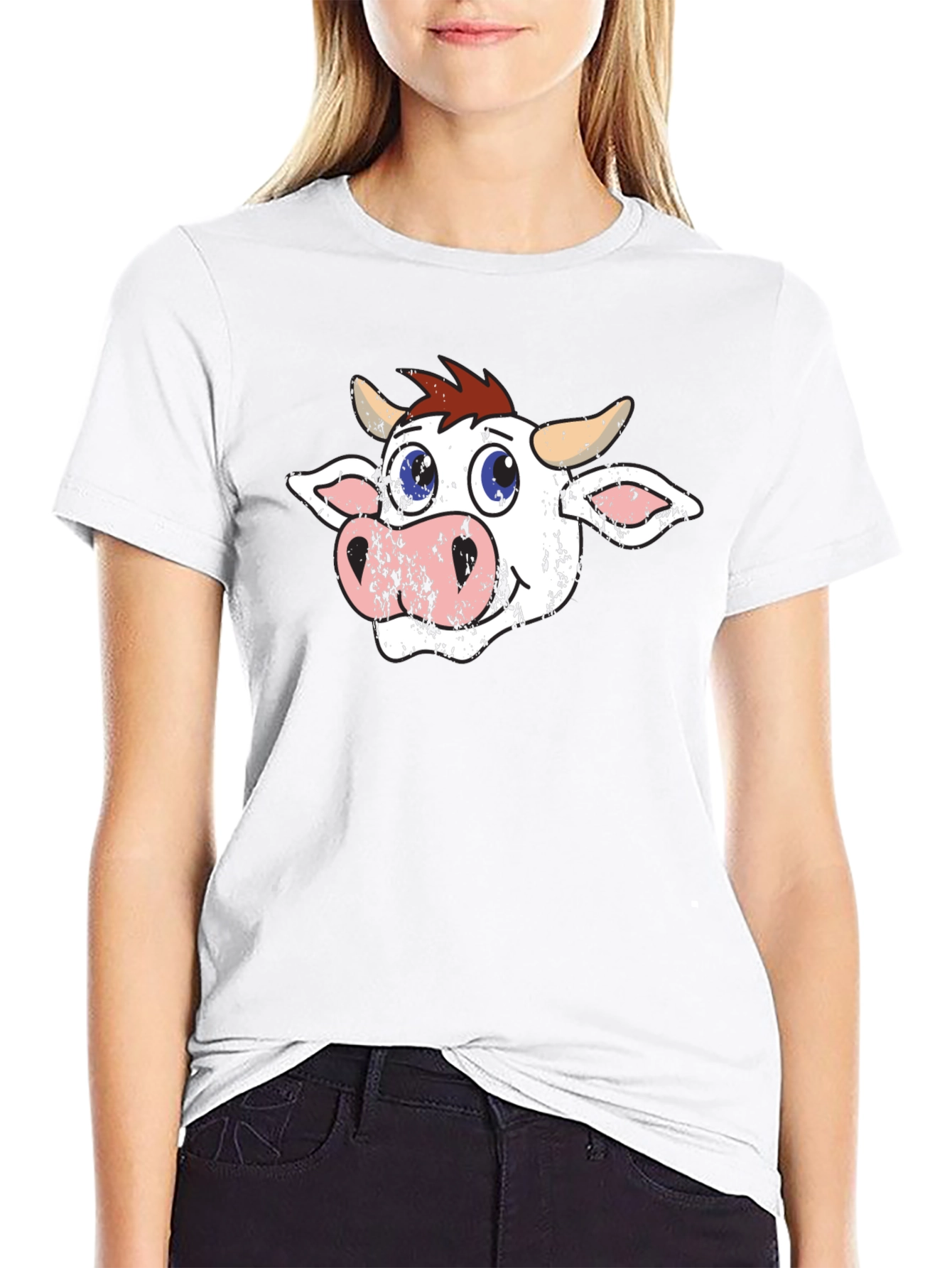 Cartoon Cow Graphic Tee - Black T-Shirt
