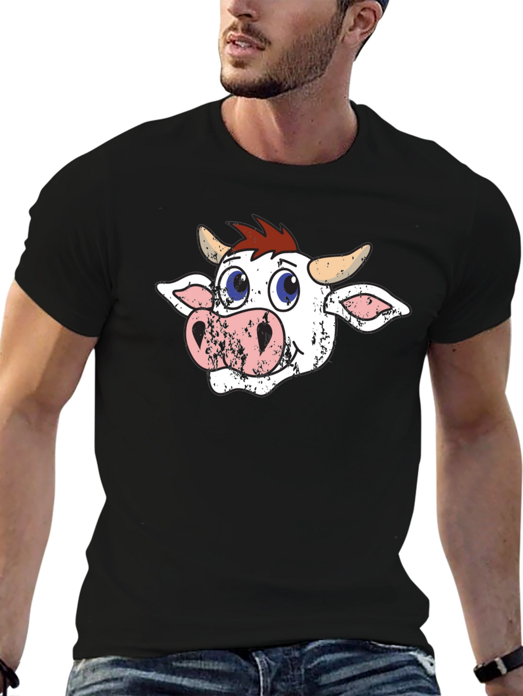 Cartoon Cow Graphic Tee - Black T-Shirt