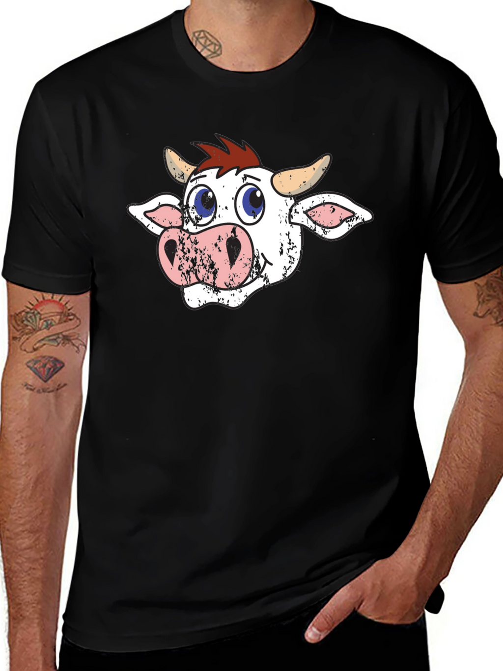 Cartoon Cow Graphic Tee - Black T-Shirt