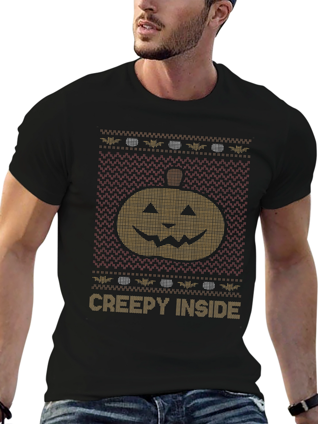 Creepy Inside Halloween Pumpkin Knit Style T-Shirt