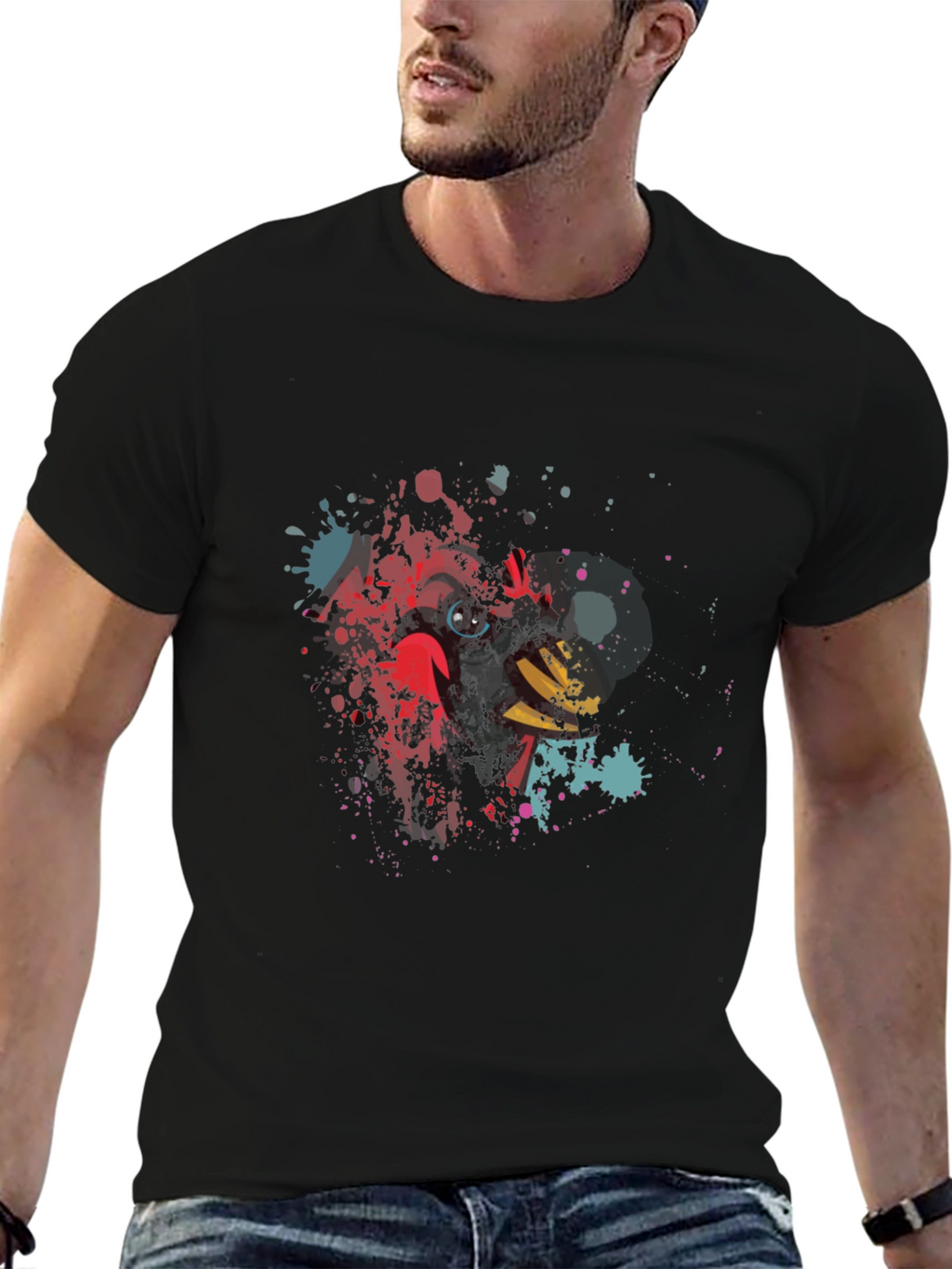 Mens Black T-Shirt with Abstract Cardinal Bird Design