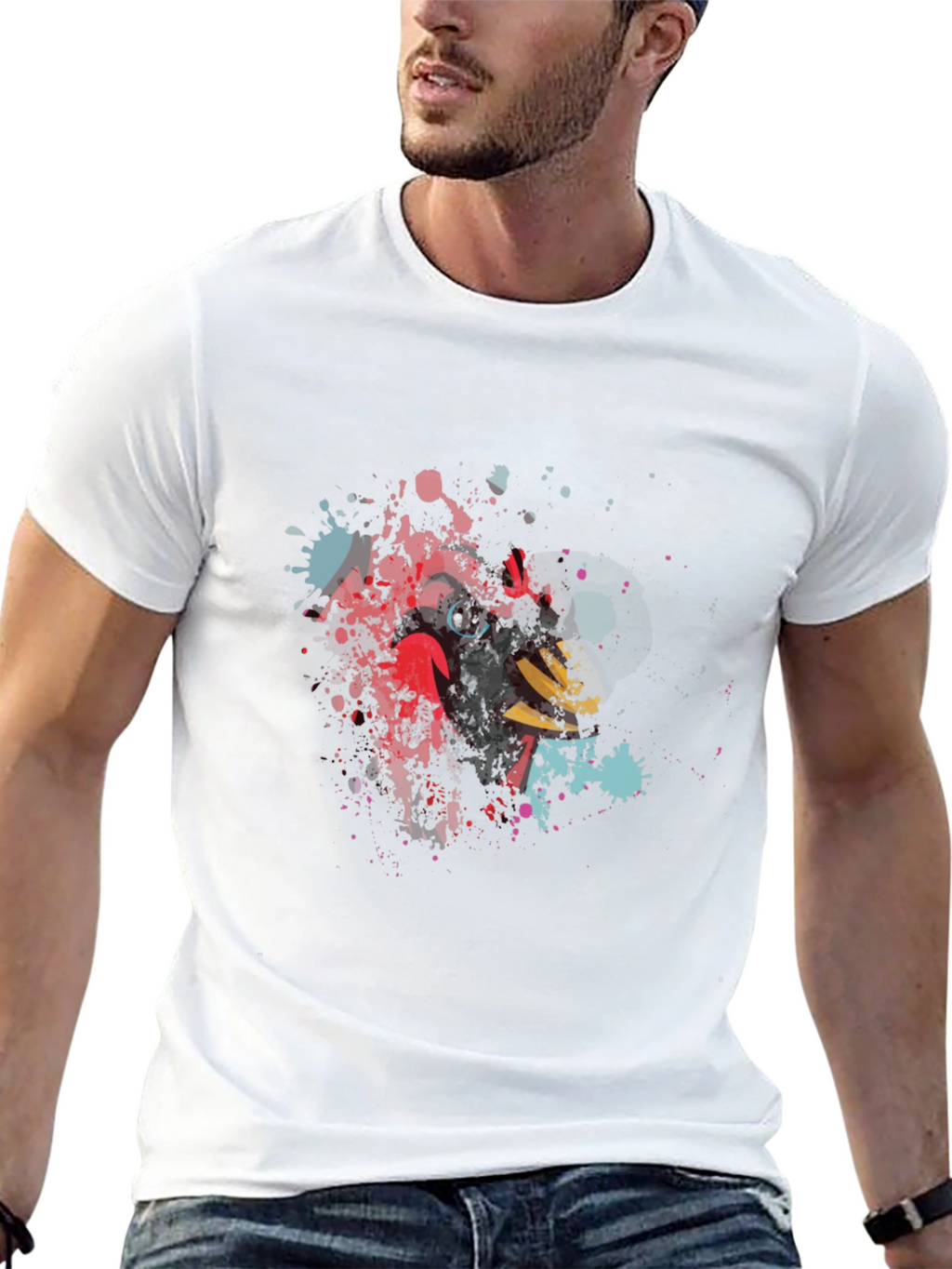 Mens Black T-Shirt with Abstract Cardinal Bird Design