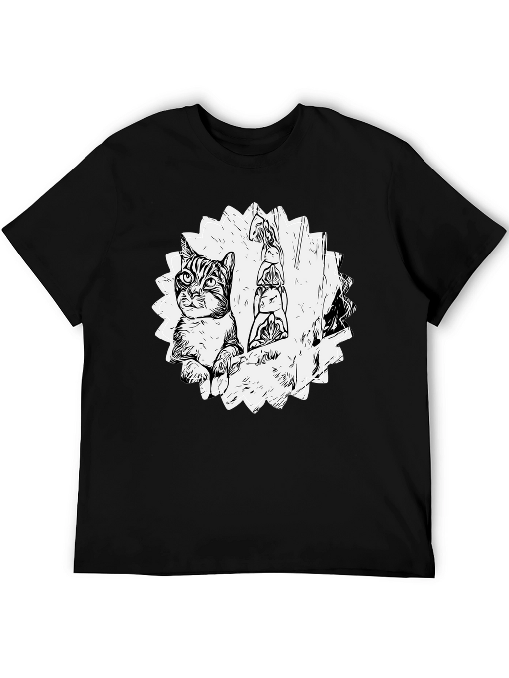Cartoon Cat & Totem Black T-Shirt