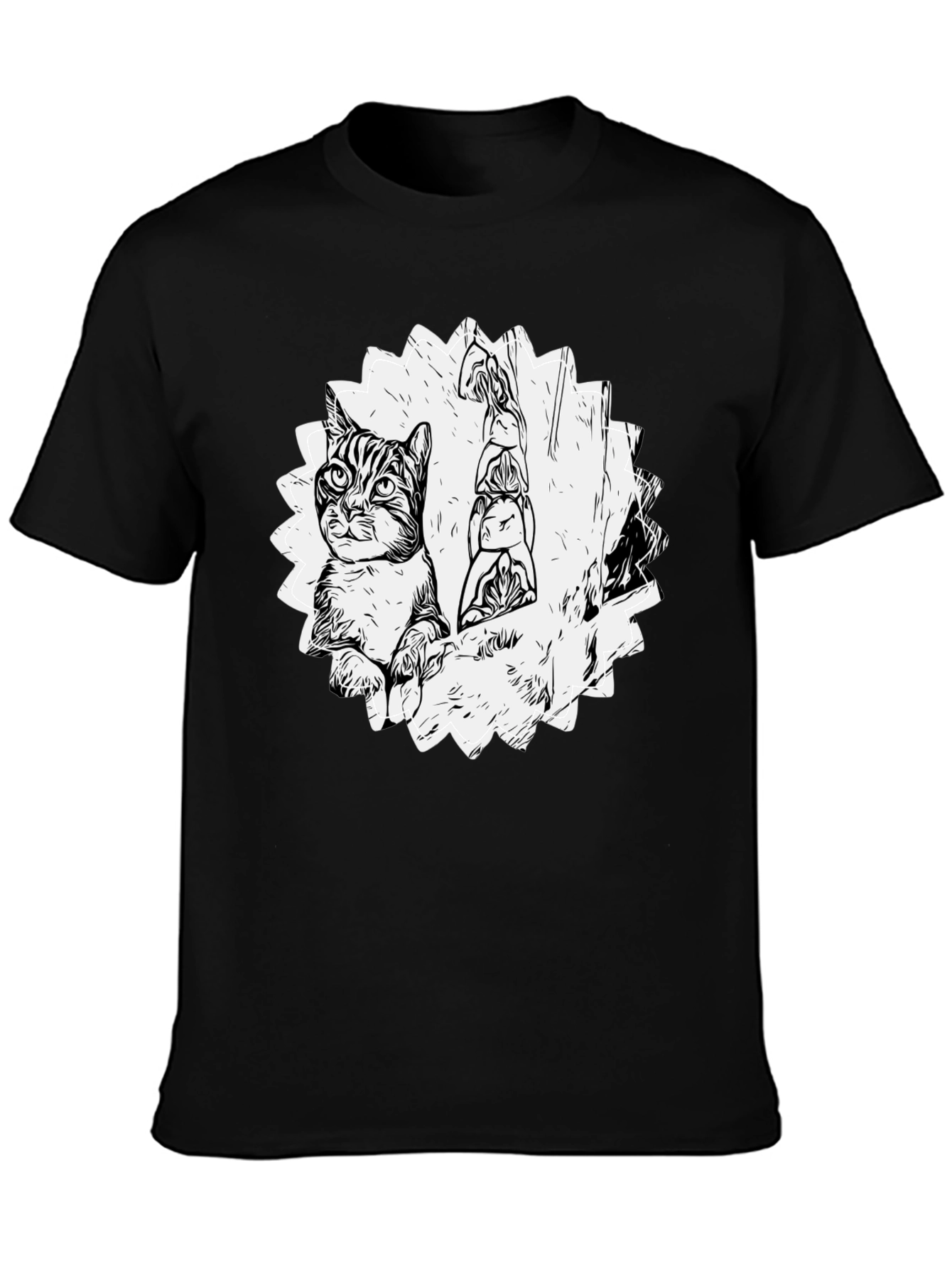 Cartoon Cat & Totem Black T-Shirt