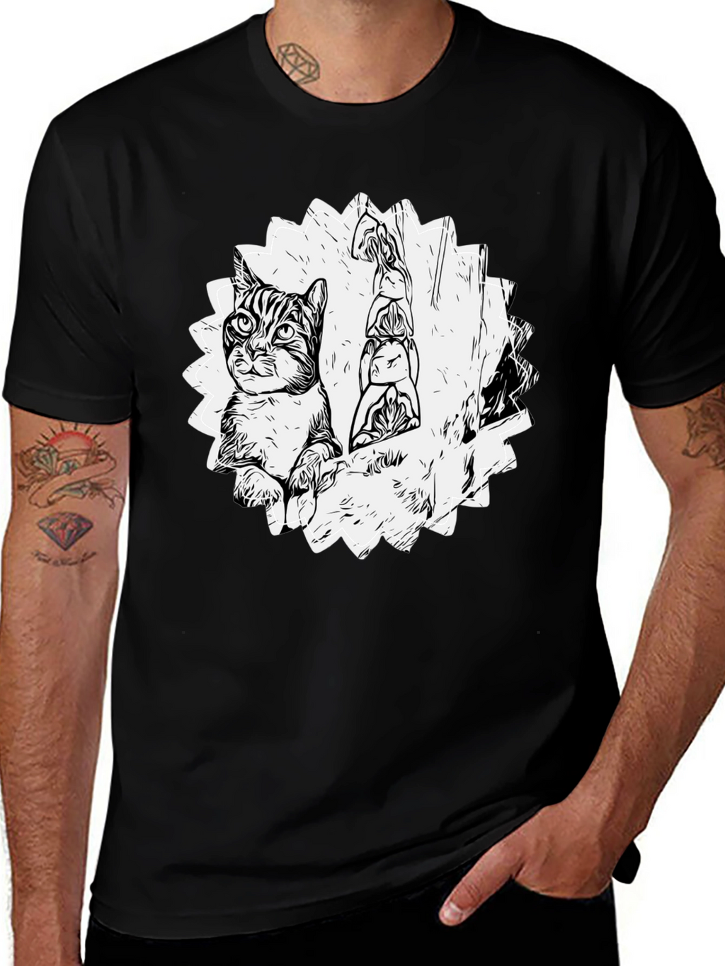 Cartoon Cat & Totem Black T-Shirt