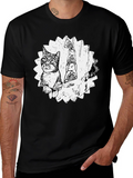 Cartoon Cat & Totem Black T-Shirt