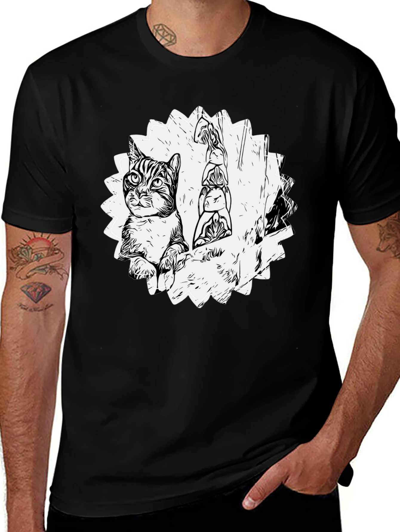 Cartoon Cat & Totem Black T-Shirt