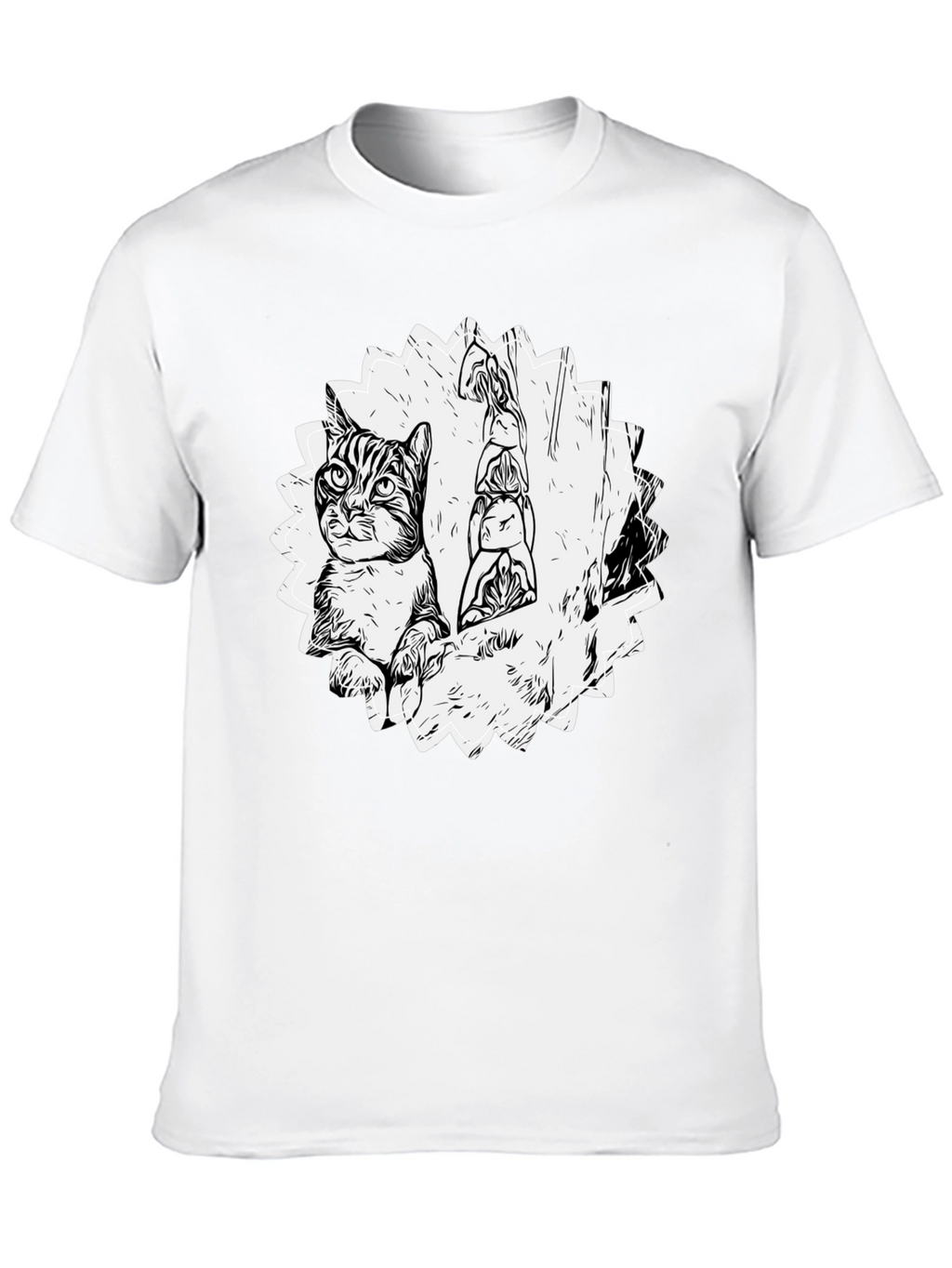 Cartoon Cat & Totem Black T-Shirt