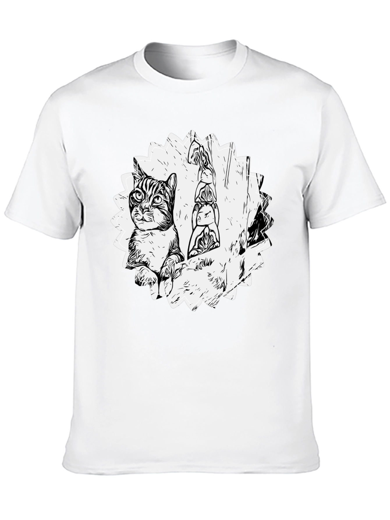 Cartoon Cat & Totem Black T-Shirt