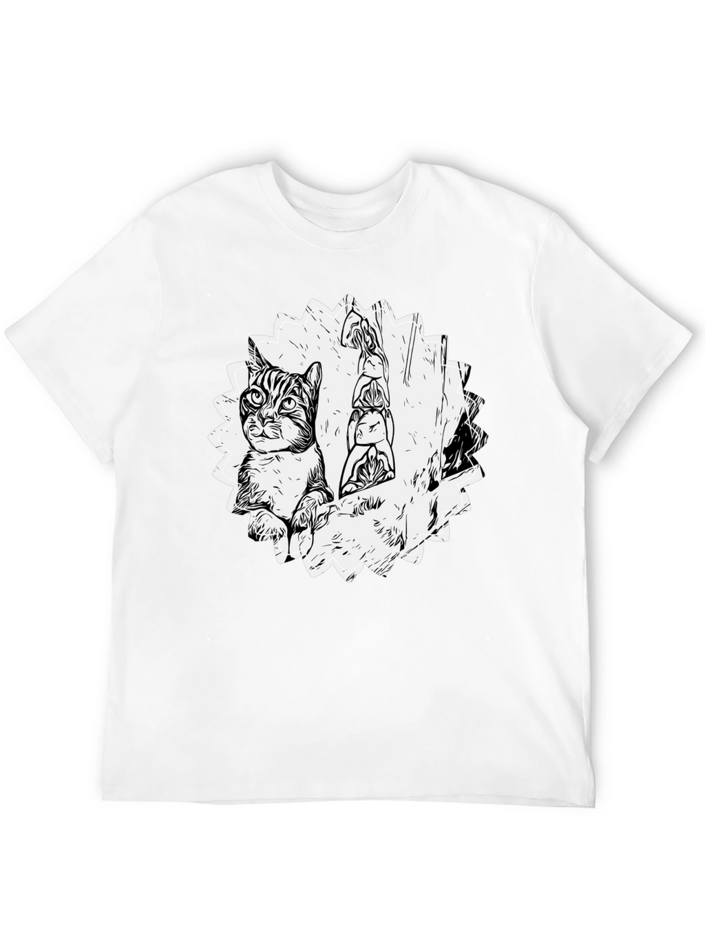 Cartoon Cat & Totem Black T-Shirt