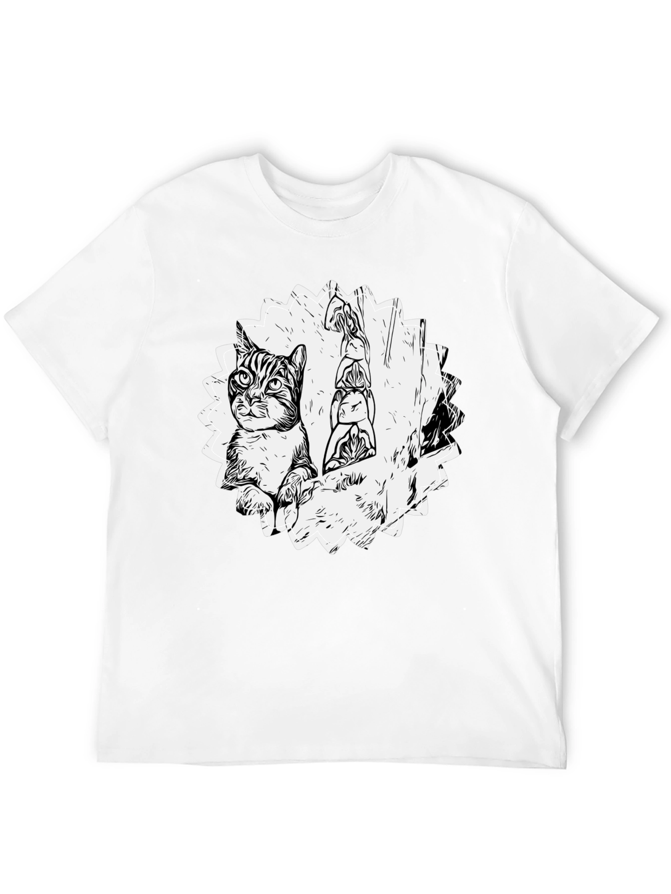 Cartoon Cat & Totem Black T-Shirt