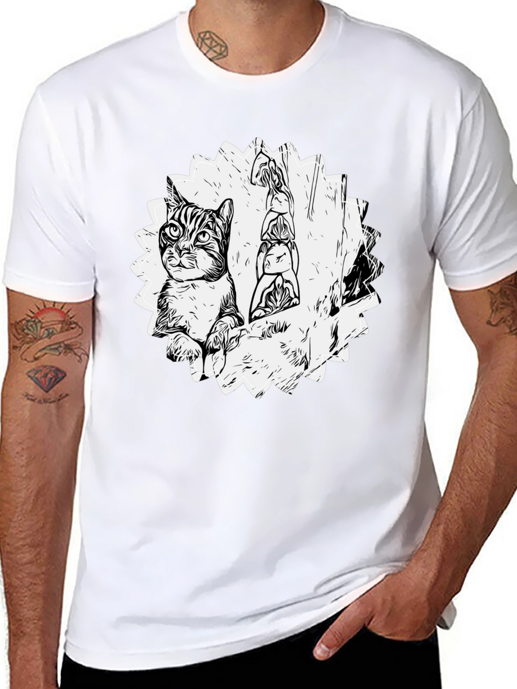 Cartoon Cat & Totem Black T-Shirt
