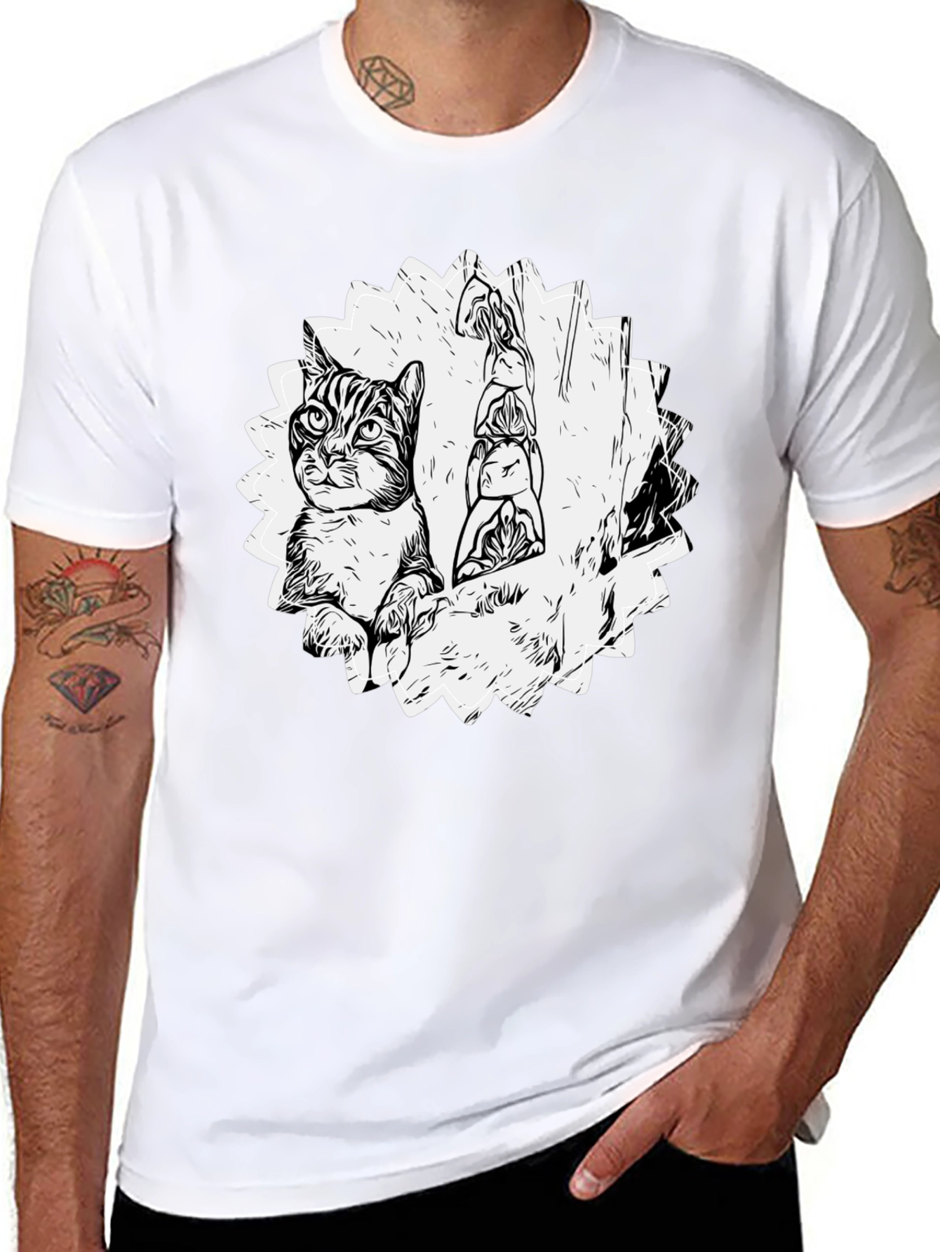 Cartoon Cat & Totem Black T-Shirt