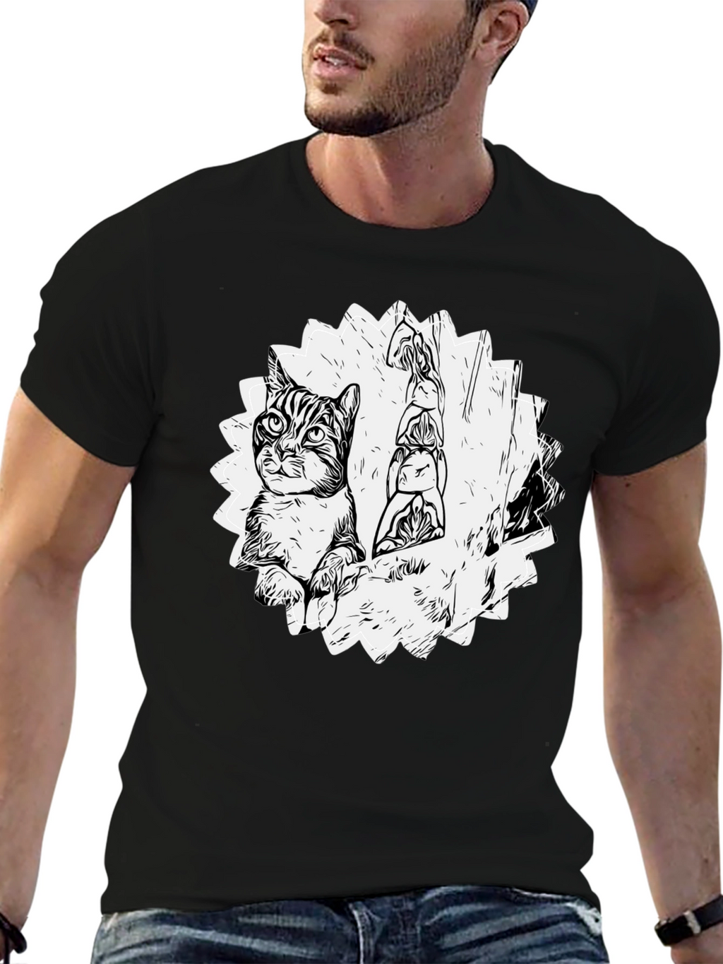 Cartoon Cat & Totem Black T-Shirt