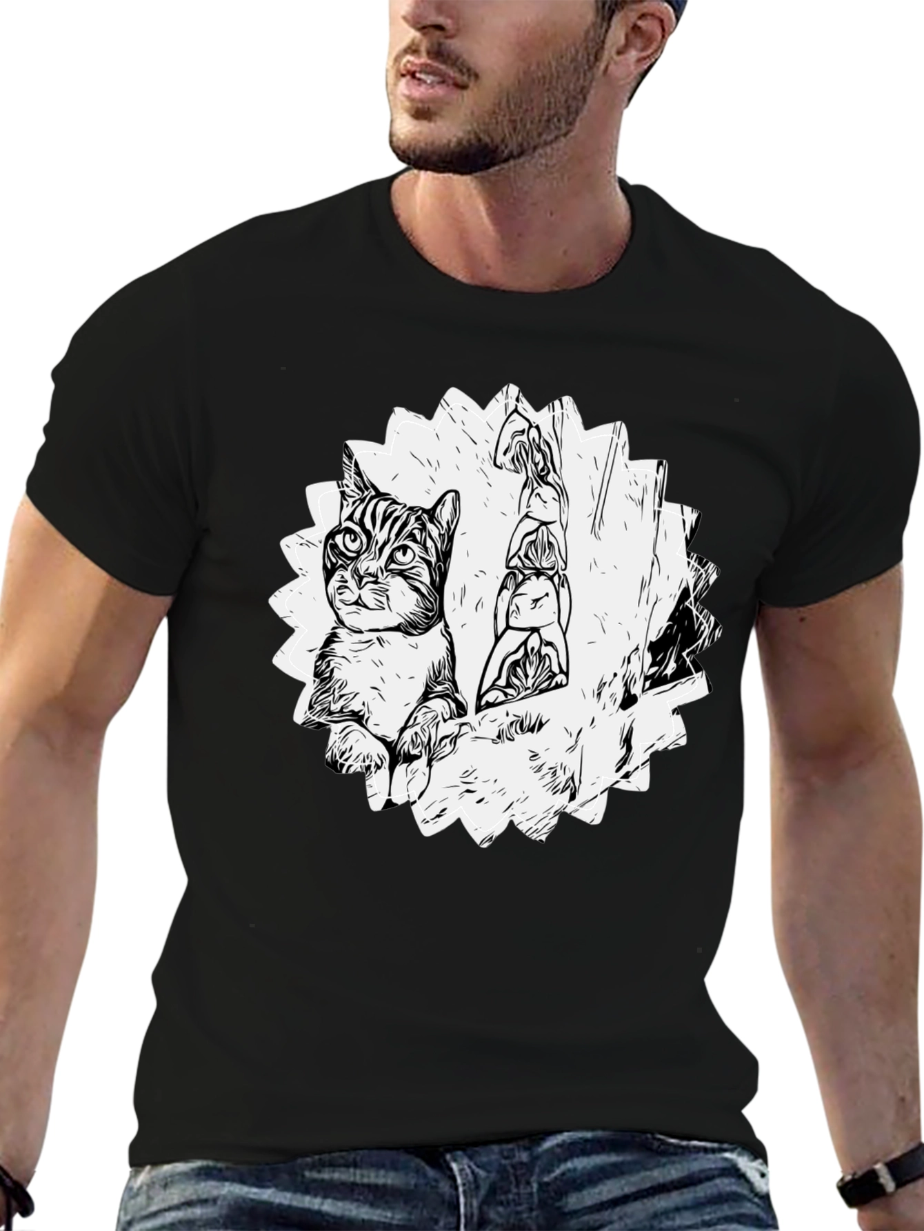 Cartoon Cat & Totem Black T-Shirt