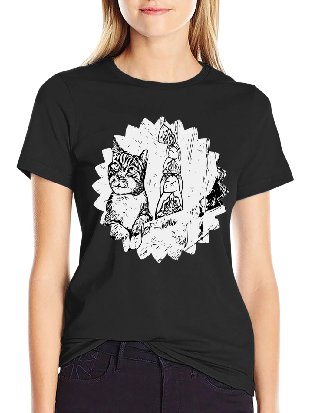 Cartoon Cat & Totem Black T-Shirt