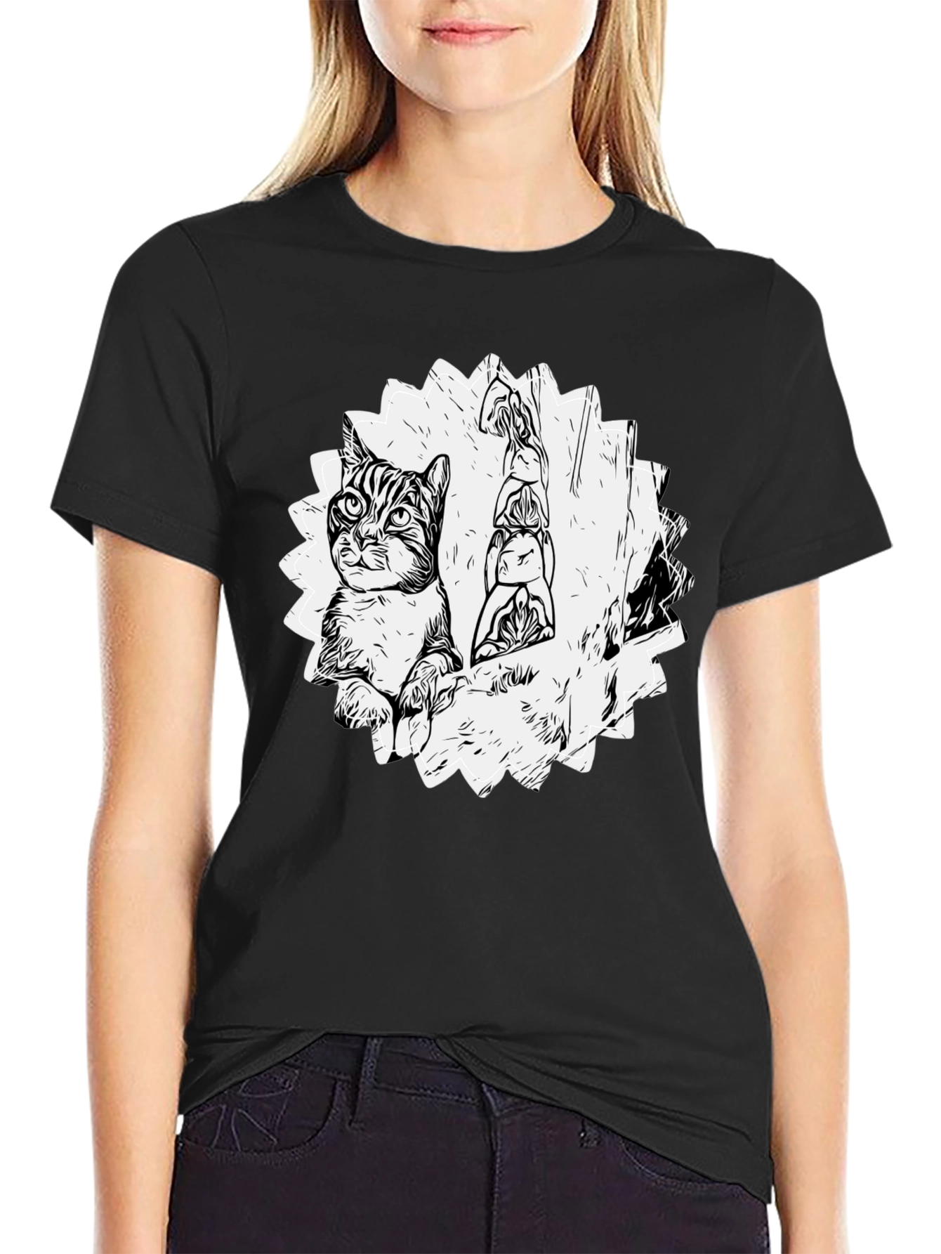 Cartoon Cat & Totem Black T-Shirt