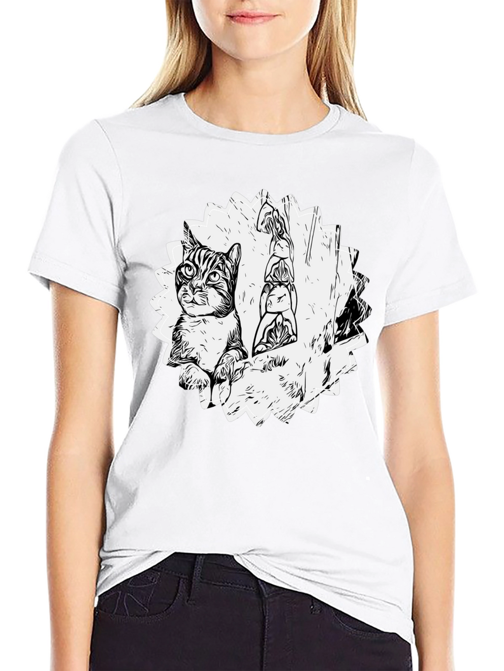 Cartoon Cat & Totem Black T-Shirt