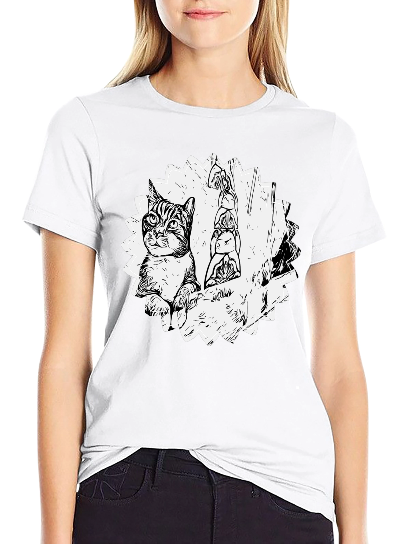 Cartoon Cat & Totem Black T-Shirt
