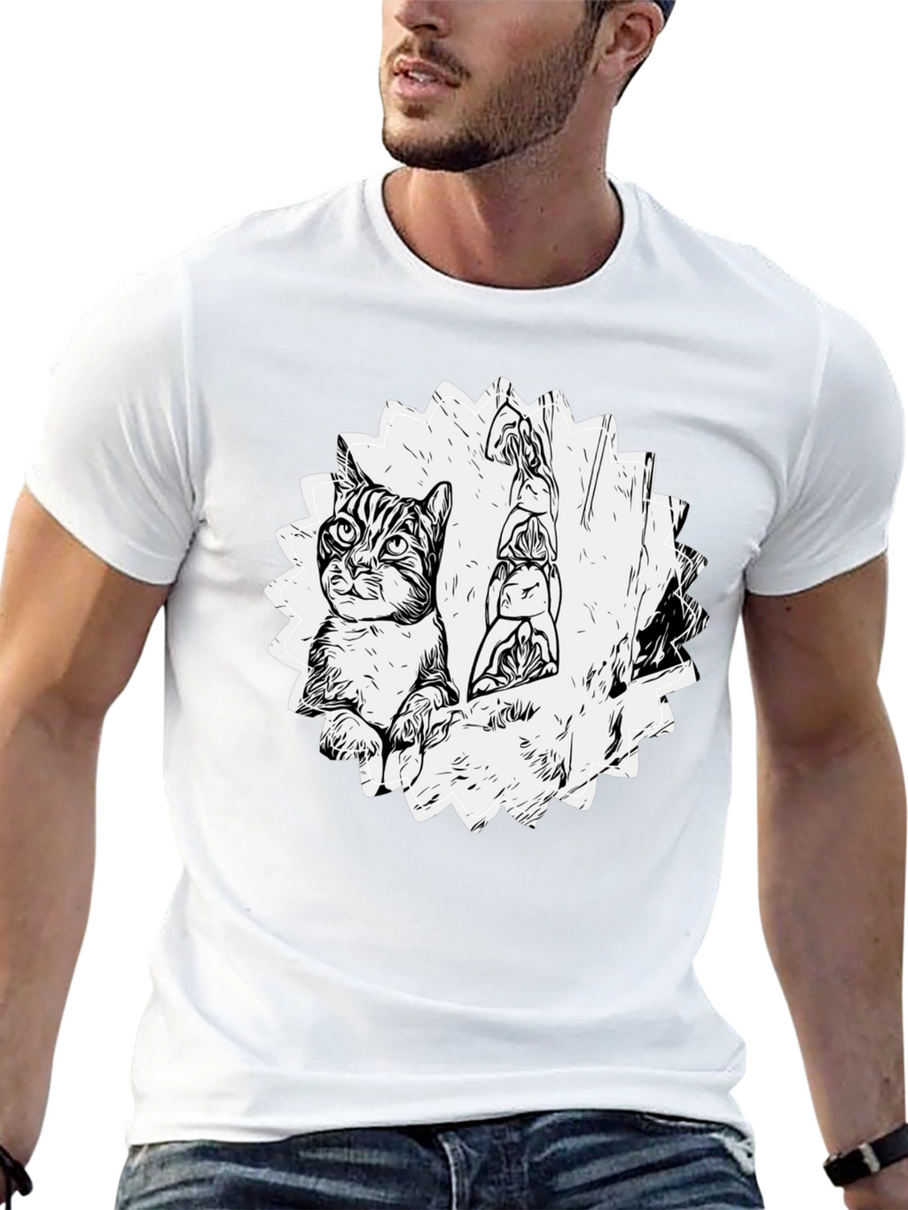 Cartoon Cat & Totem Black T-Shirt