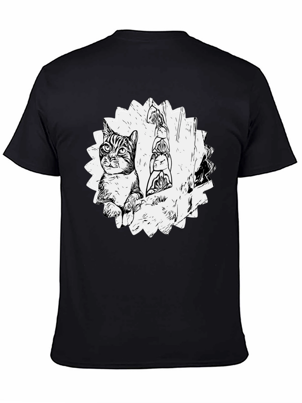 Cartoon Cat & Totem Black T-Shirt