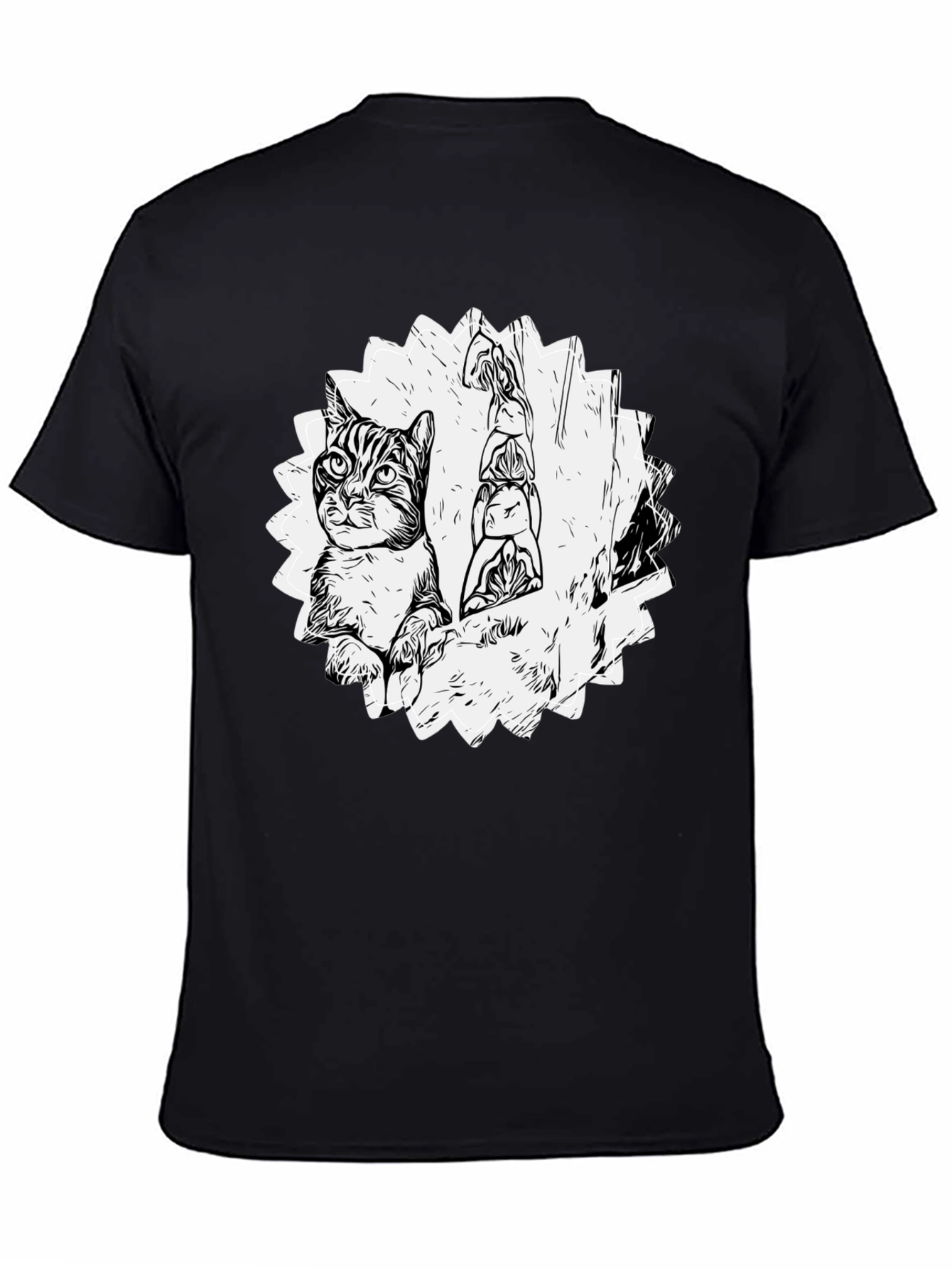 Cartoon Cat & Totem Black T-Shirt