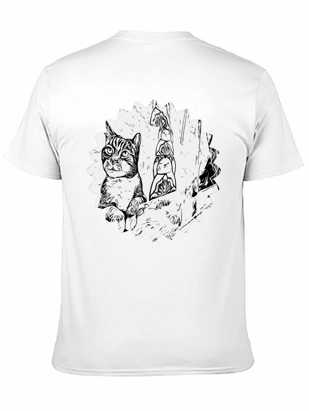 Cartoon Cat & Totem Black T-Shirt