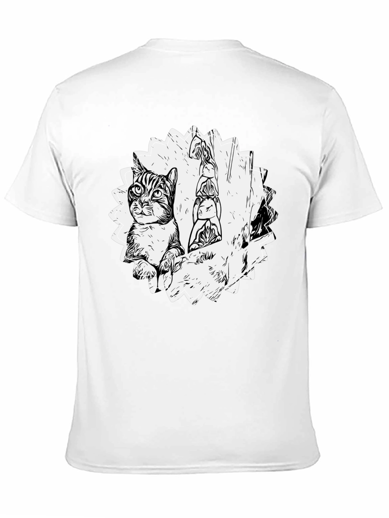 Cartoon Cat & Totem Black T-Shirt