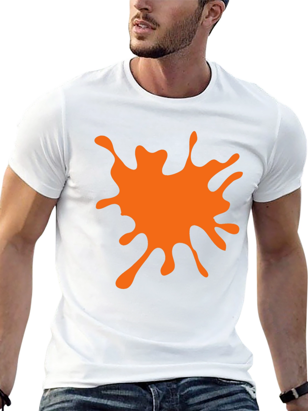Black T-Shirt with Orange Paint Splatter Graphic