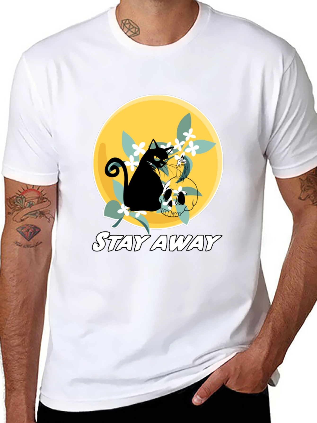Stay Away Cat & Skull Graphic T-Shirt