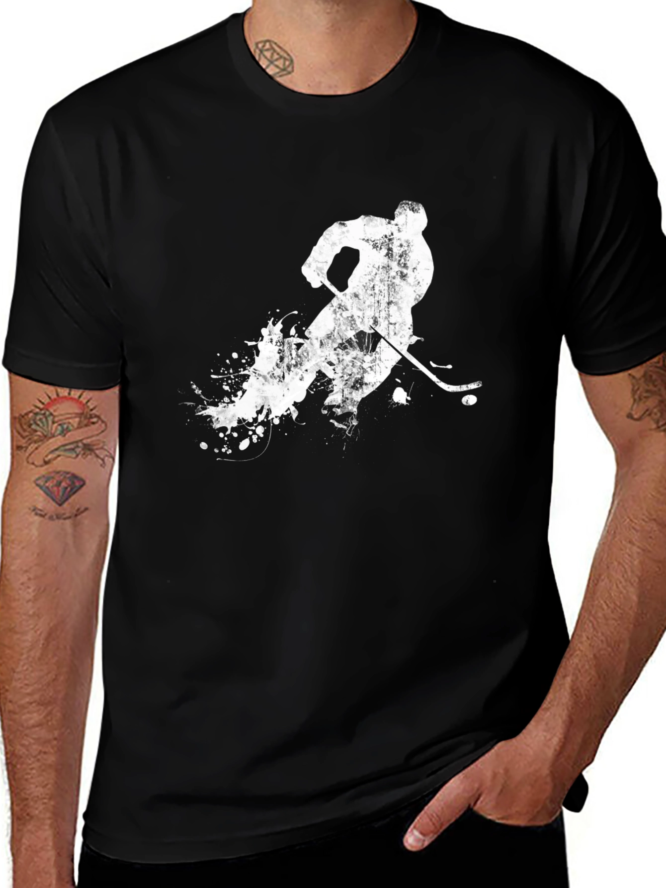 Hockey Player Graphic Tee - Black Cotton T-Shirt