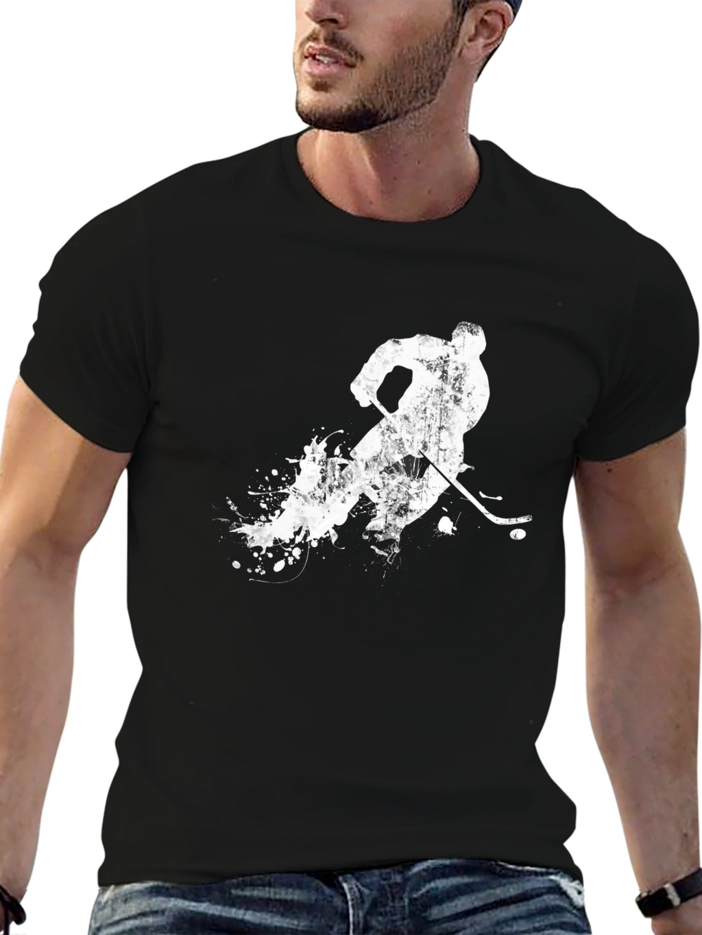 Hockey Player Graphic Tee - Black Cotton T-Shirt