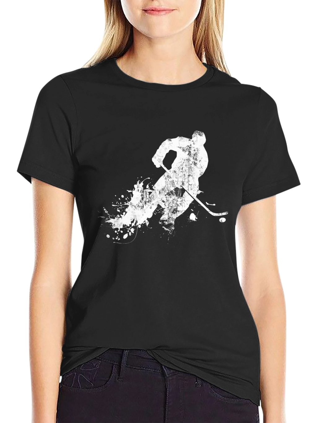 Hockey Player Graphic Tee - Black Cotton T-Shirt