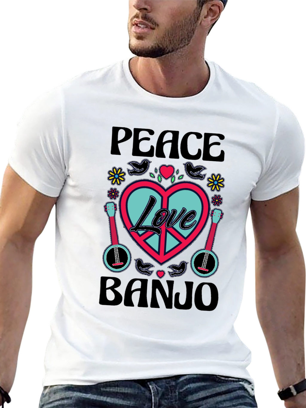 Peace Love Banjo T-Shirt - Retro Style