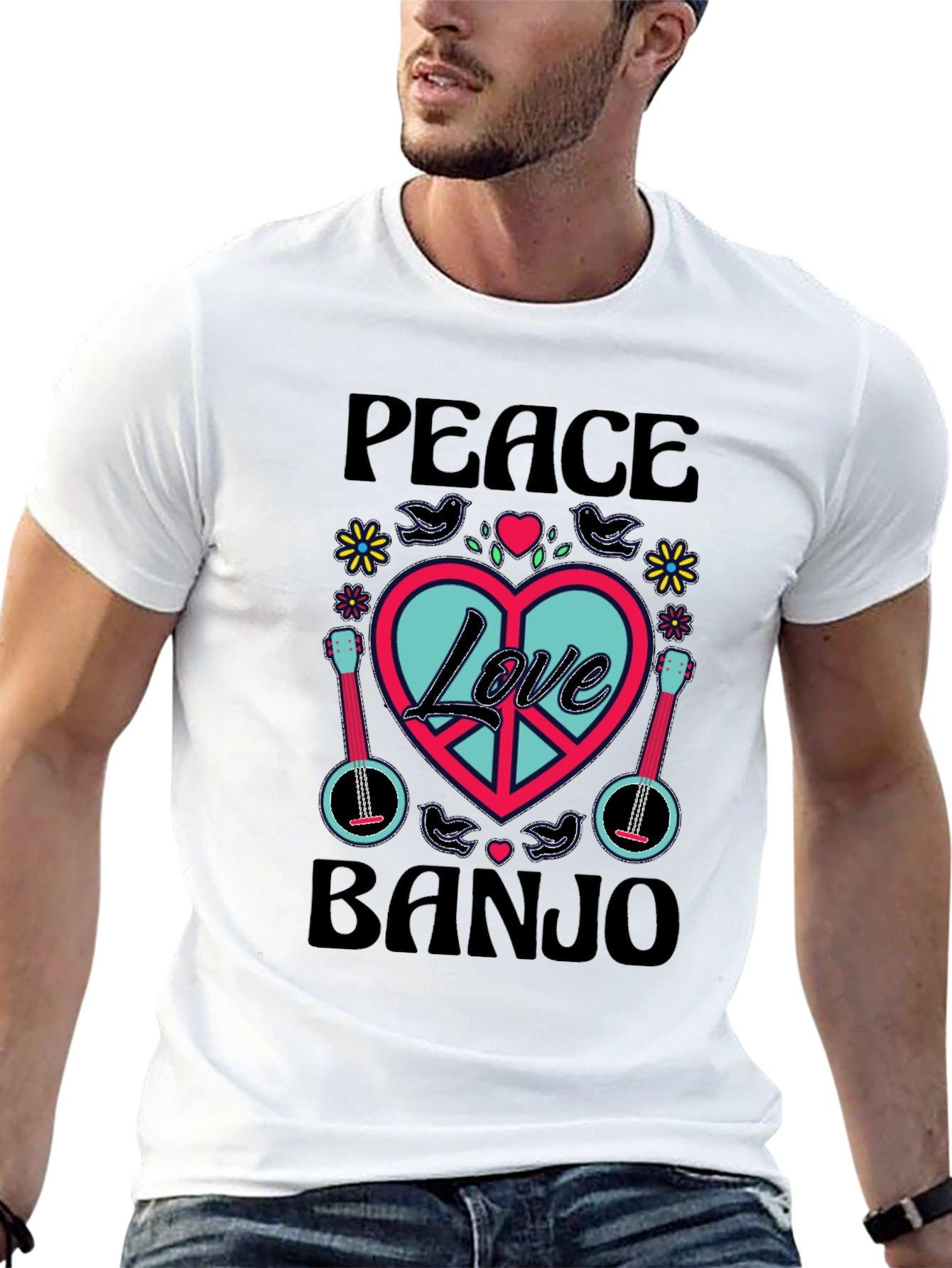 Peace Love Banjo T-Shirt - Retro Style