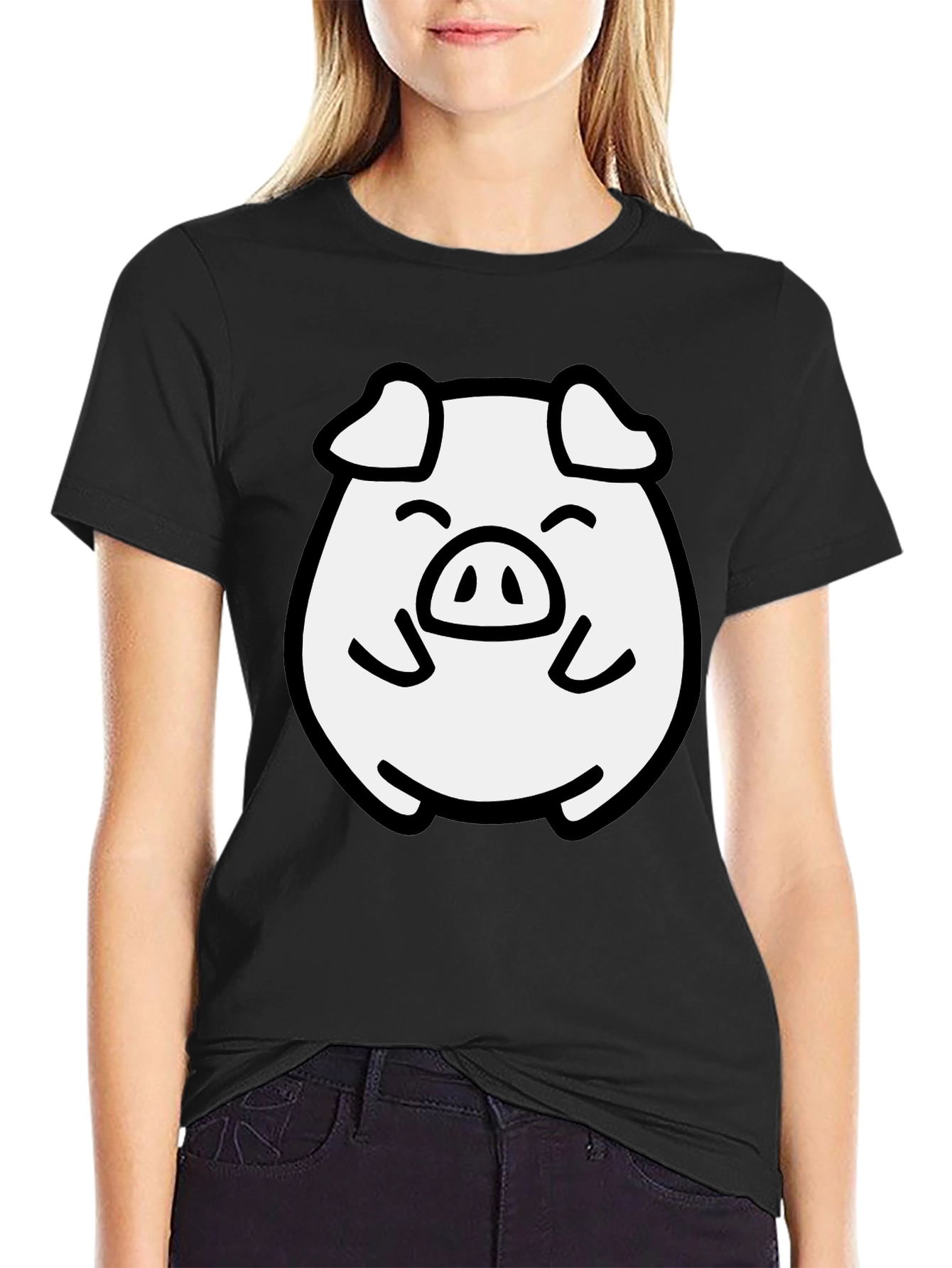Cute Pig Graphic Black T-Shirt