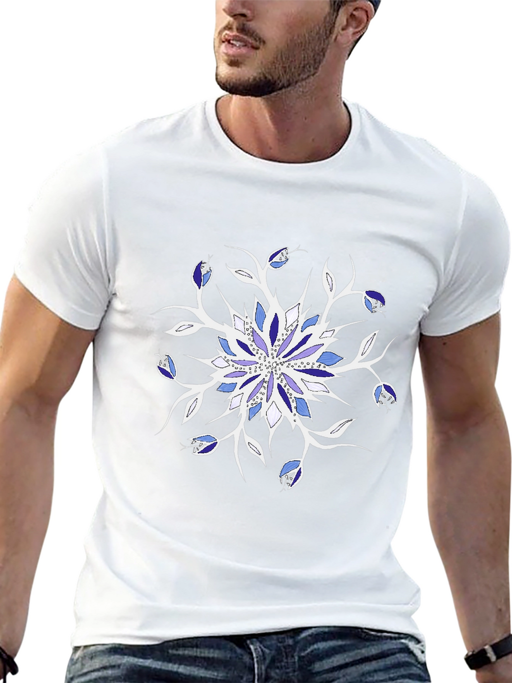 Blue Floral Mandala Black T-Shirt