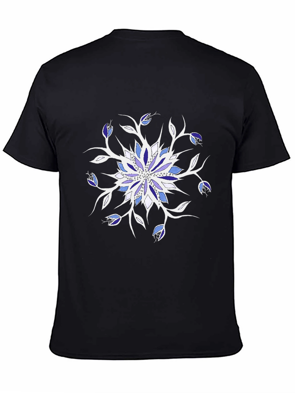 Blue Floral Mandala Black T-Shirt