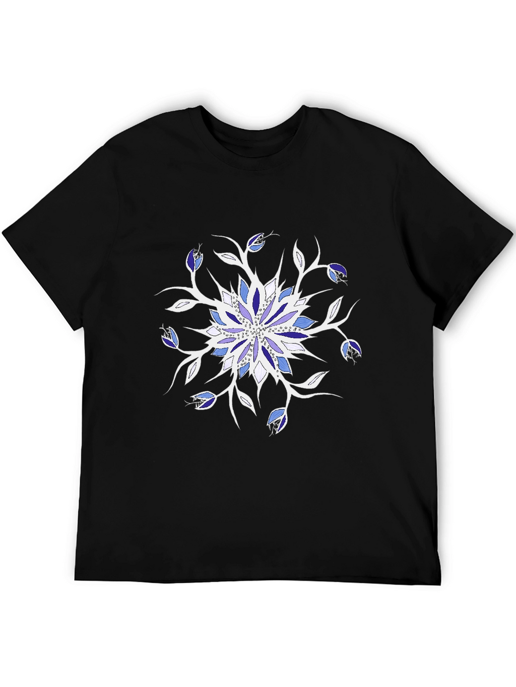 Blue Floral Mandala Black T-Shirt