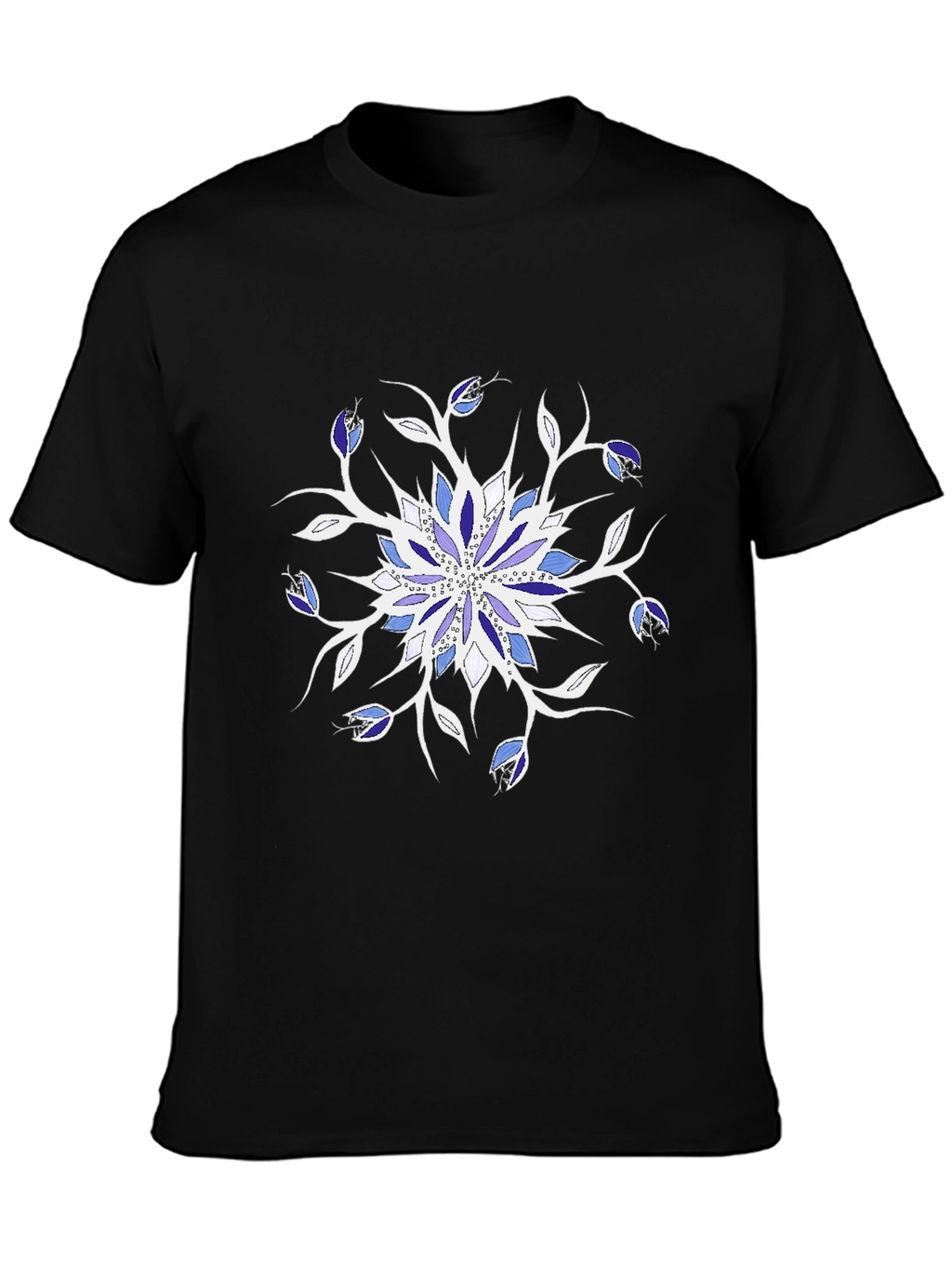 Blue Floral Mandala Black T-Shirt