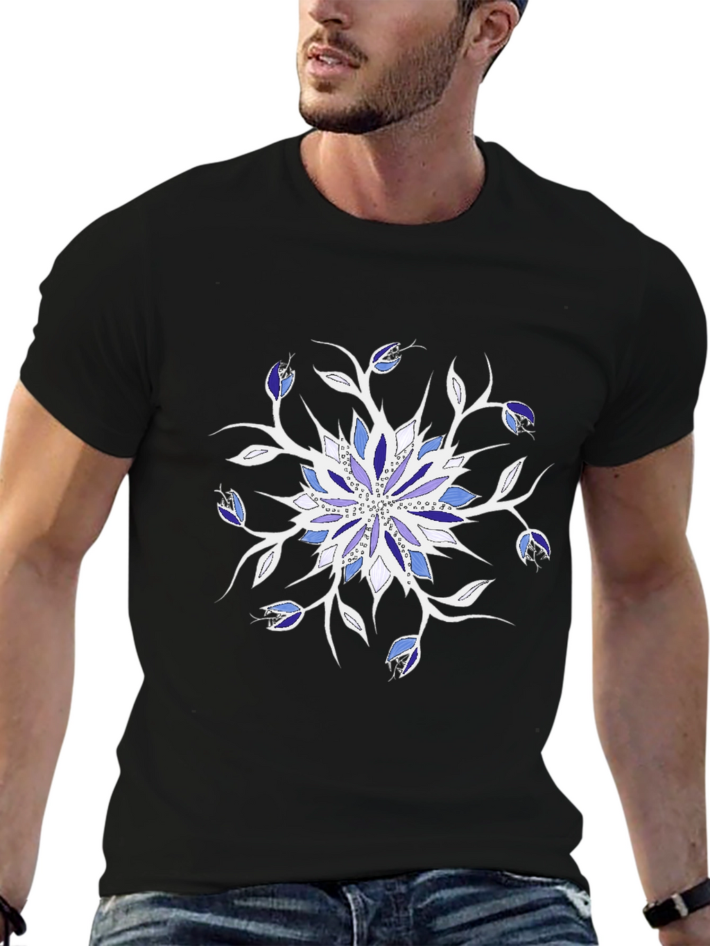 Blue Floral Mandala Black T-Shirt