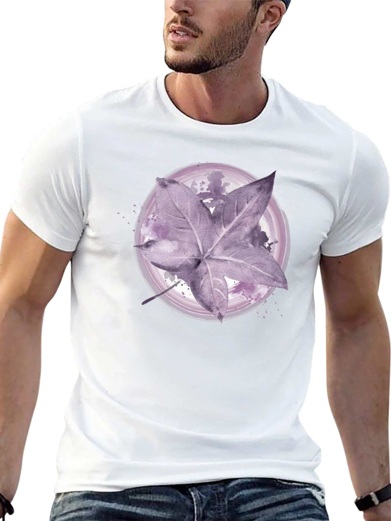 Artistic Leaf Print Black T-Shirt